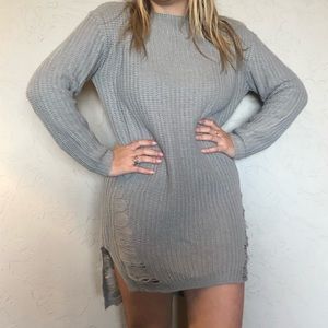 Grey Sweater dress! Edgy rips on side.